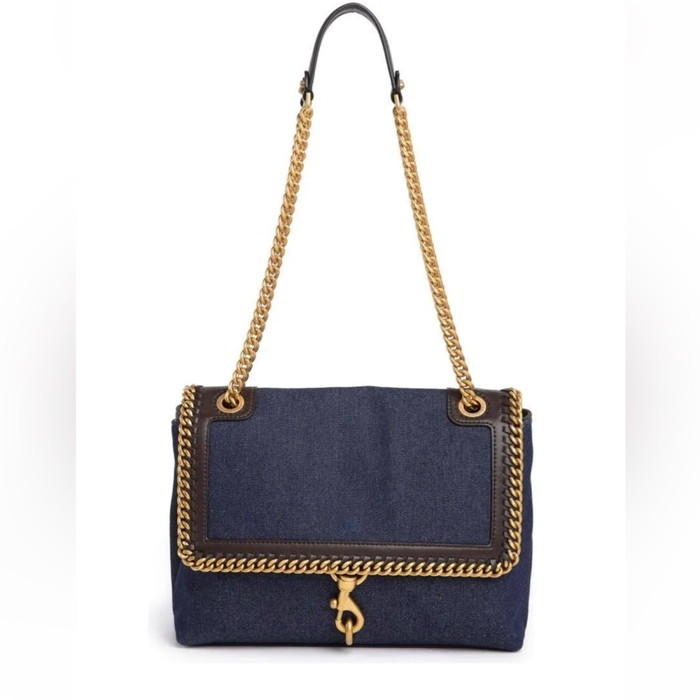Denim with Gold-Chain Navy Shoulder Bag